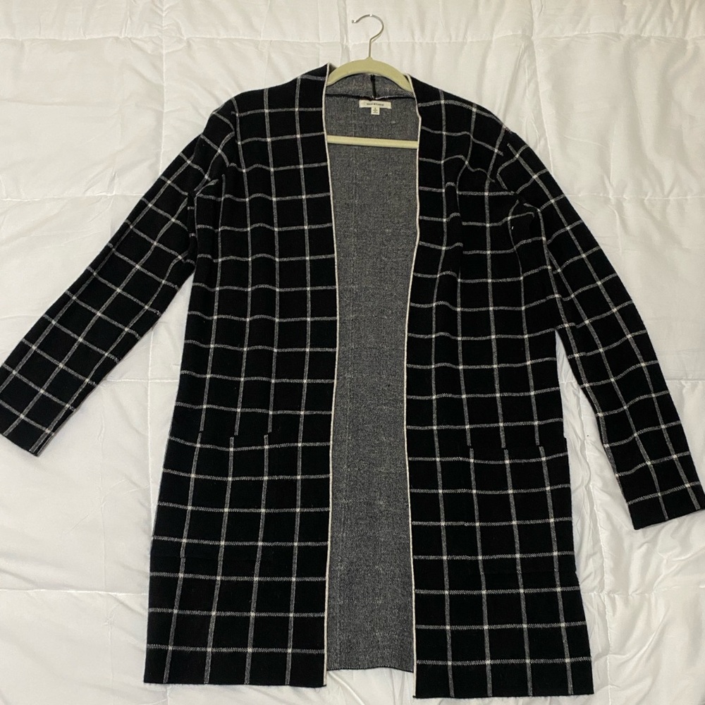 Max Studio Women S Black White Striped Plaid Cardigan Sweater Long Sleeve Pocket